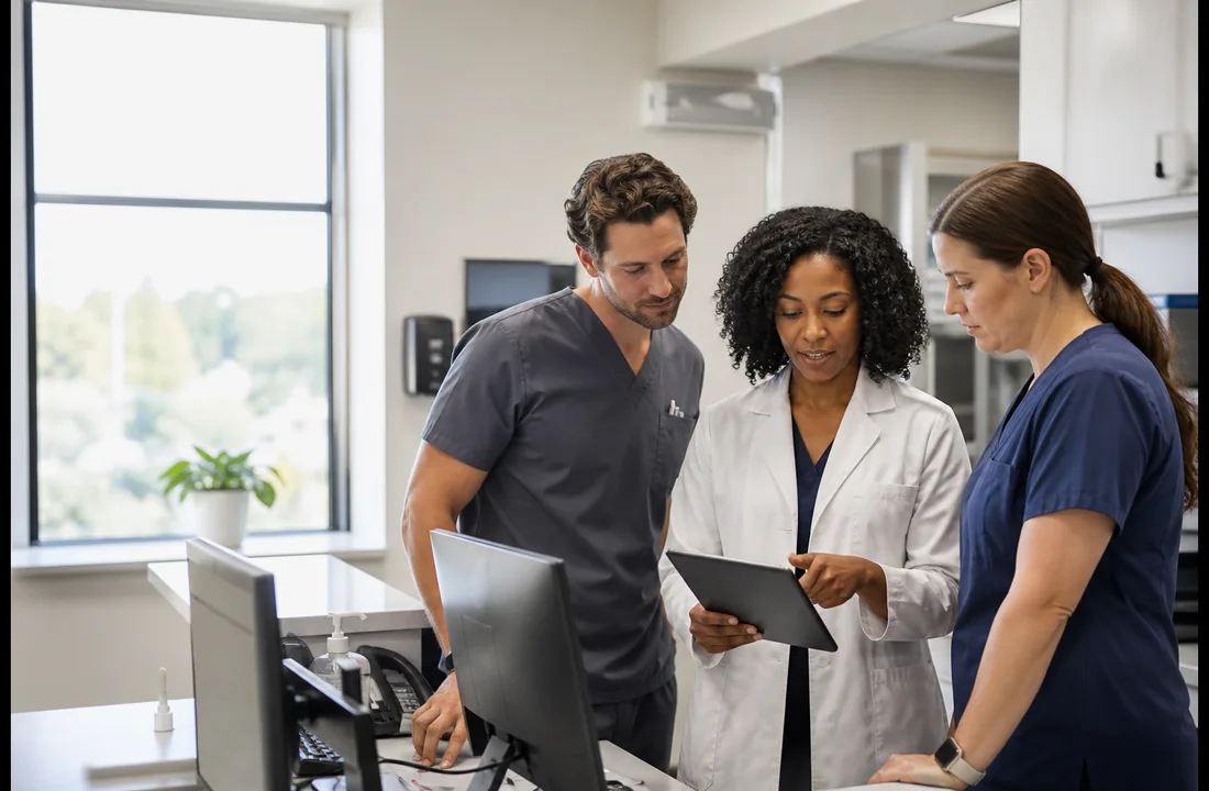 Independent medical practice team reviewing clinical and operational workflows